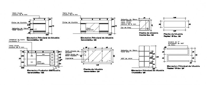 Office table and cabinet elevation, plan and car pantry details dwg file