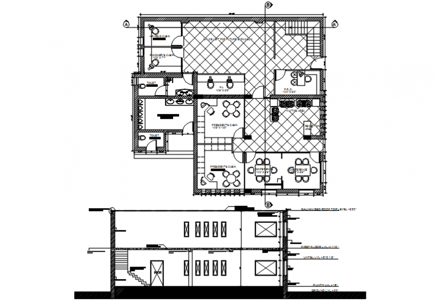 Office two story section and layout plan cad drawing details dwg file