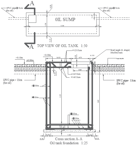 oil tank foundation with section elevation cross section and top view of oil tank dwg autocad drawing.