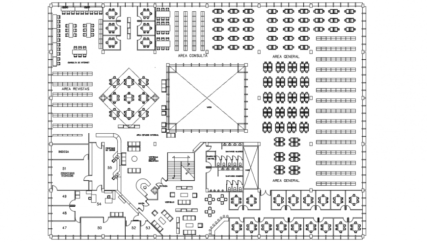 Old big library distribution plan with furniture drawing details dwg file