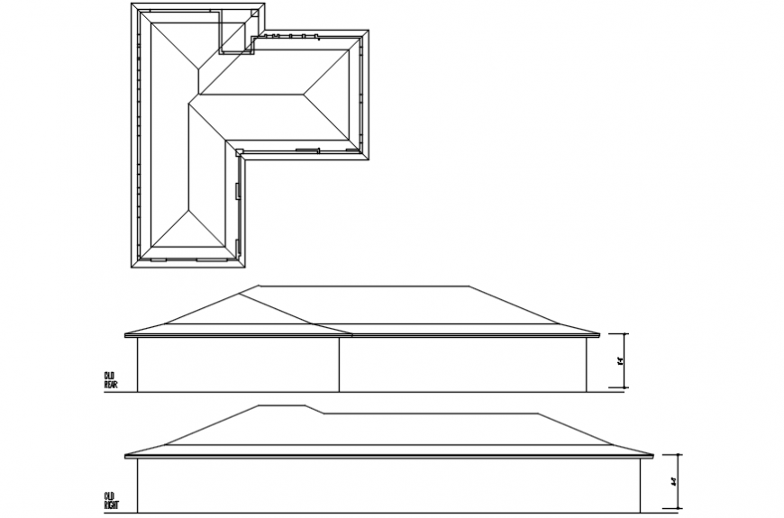 Old house front and back elevation and roof structure details dwg file