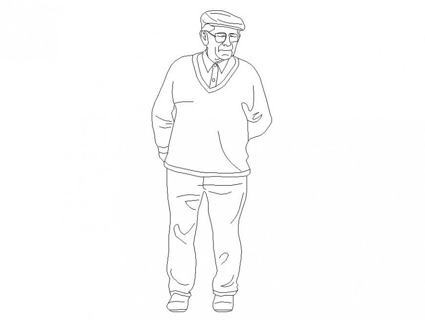 Old man with cap and glasses standing looking cute 2d people block dwg file