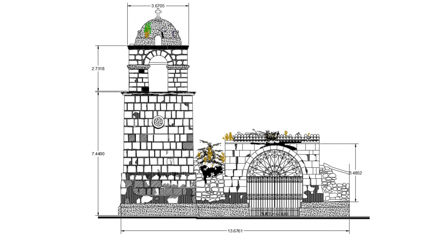 Old religious church sided elevation drawing details dwg file