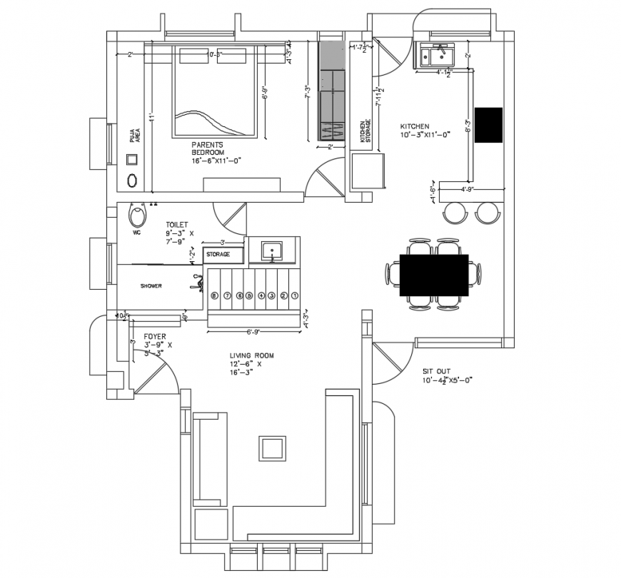 One bedroom house architecture layout plan cad drawing details dwg file