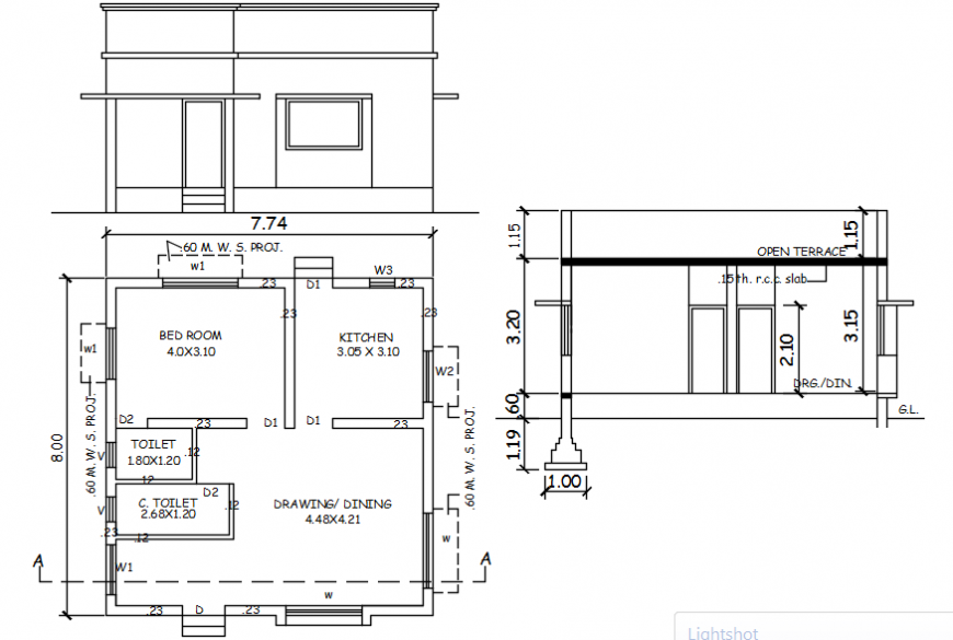 One bedroom house elevation, section and plan details dwg file