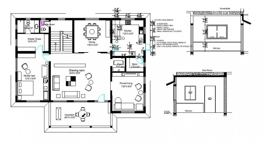 One bedroom house layout plan and kitchen elevation drawing details dwg file