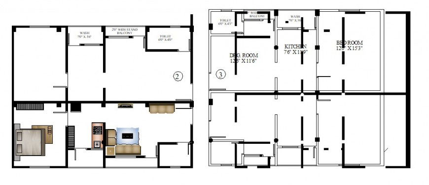One bedroom house layout plan details with furniture layout dwg file