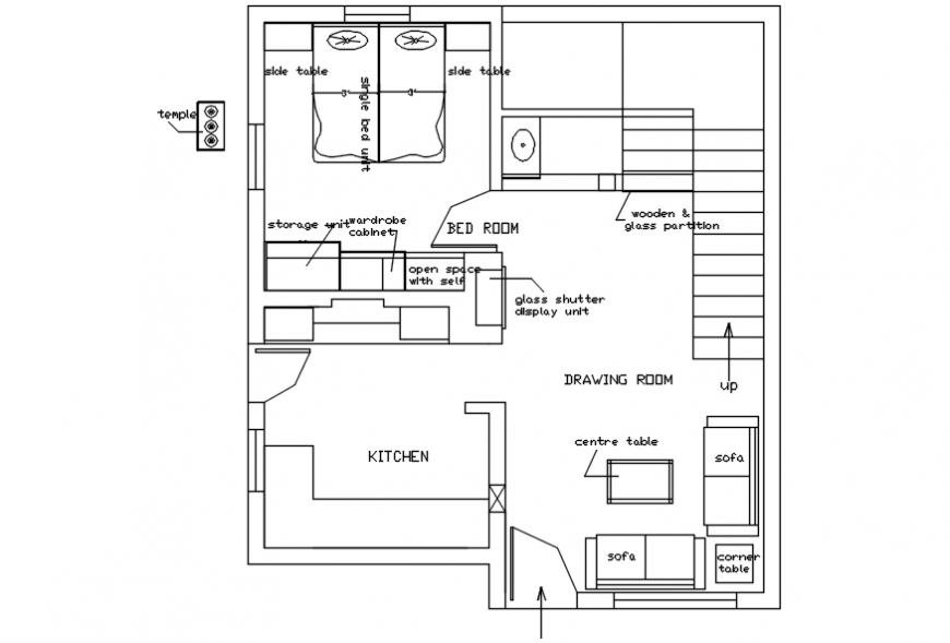 One bedroom house layout plan with furniture drawing details dwg file