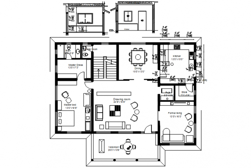 One bedroom residential house layout plan cad drawing details dwg file