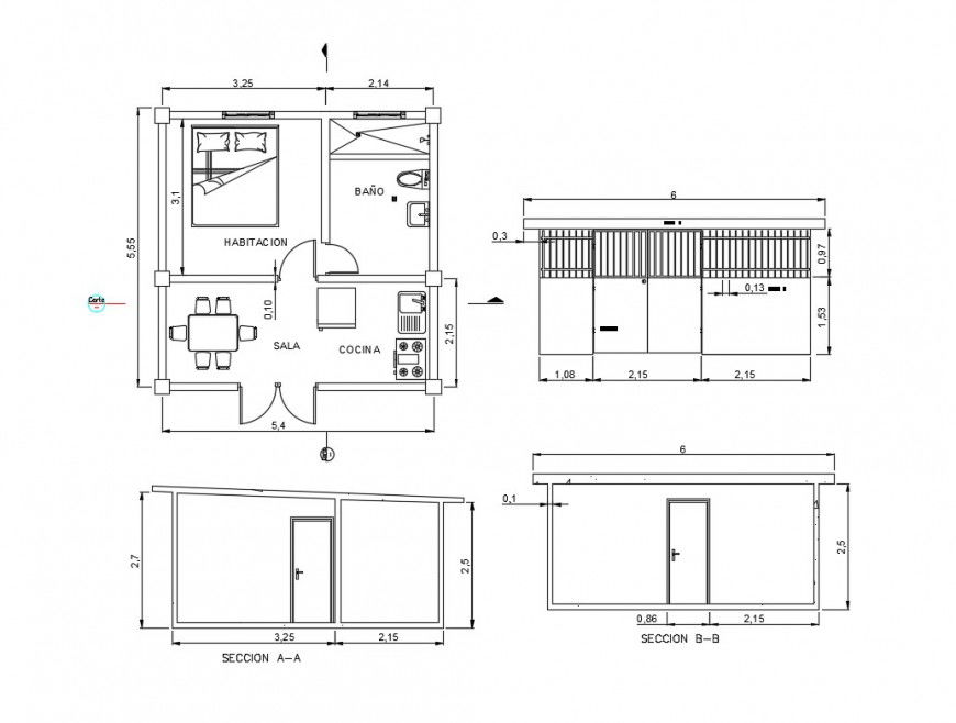 One BHK house detail 2d view CAD construction block layout file in dwg format,