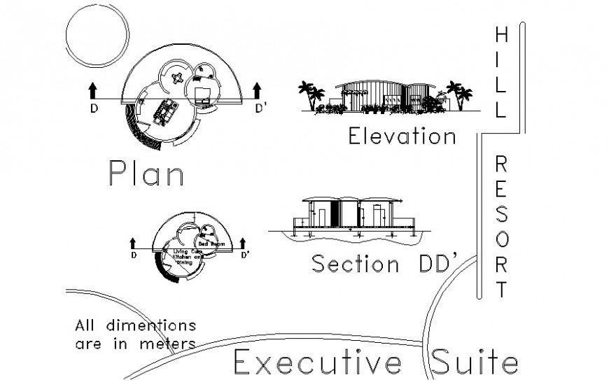 One BHK House AutoCAD Drawing with Plan Elevation and Section Details