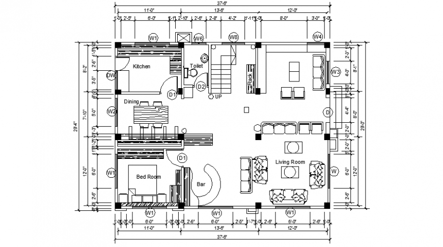 One bhk housing blocks 2d view layout plan autocad file