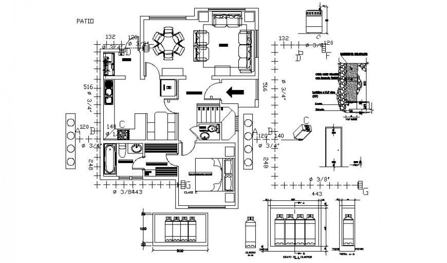One bhk residential housing units drawings 2d view plan autocad file