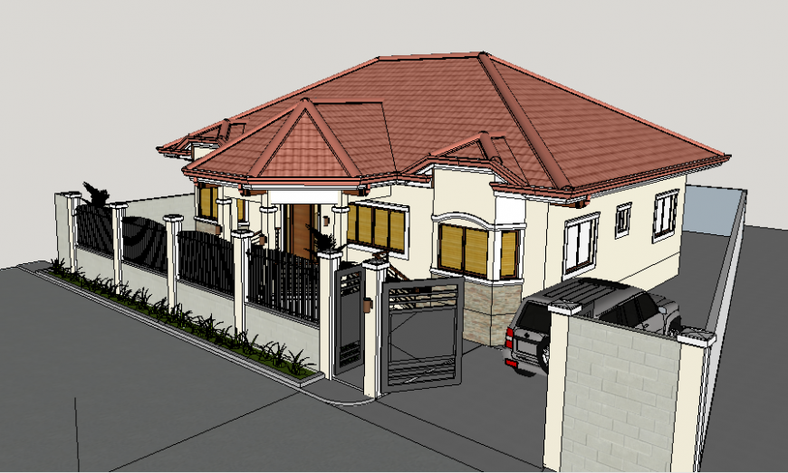 One family 3d bungalow design with fence cad drawing details dwg file