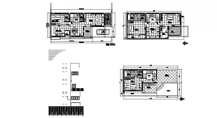 One family bungalow ground, first and second floor plan cad drawing details dwg file