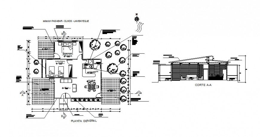 One family bungalow main section and distribution plan cad drawing details dwg file