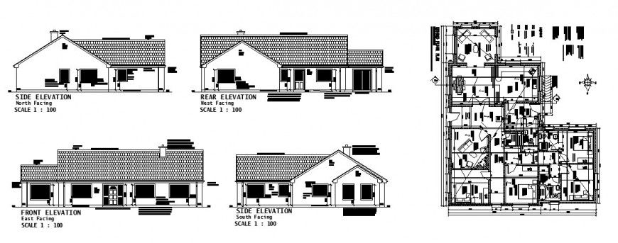 One family house all sided elevation and distribution plan cad drawing details dwg file