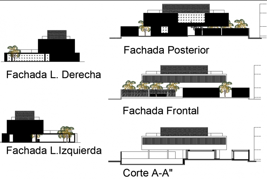 One family house all sided elevation and main section cad drawing details dwg file