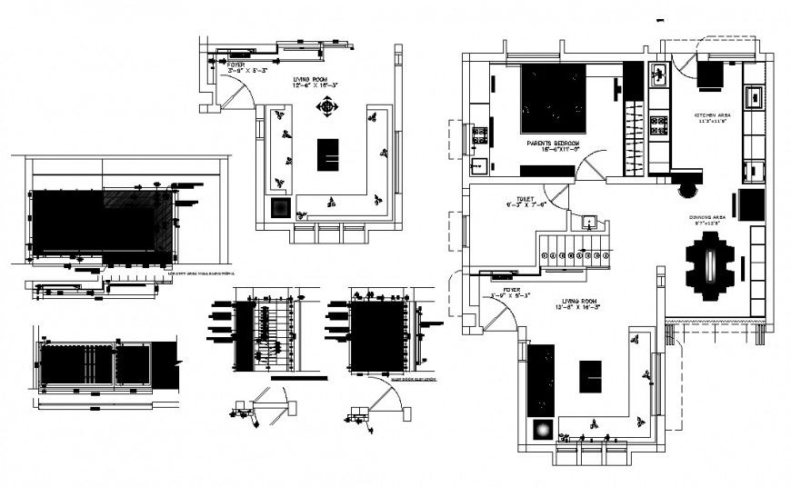 One family house architecture plan and tv cabinet cad drawing details dwg file