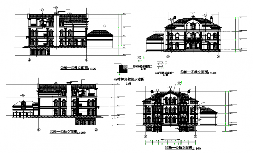One family house bungalow elevation and sectional details dwg file