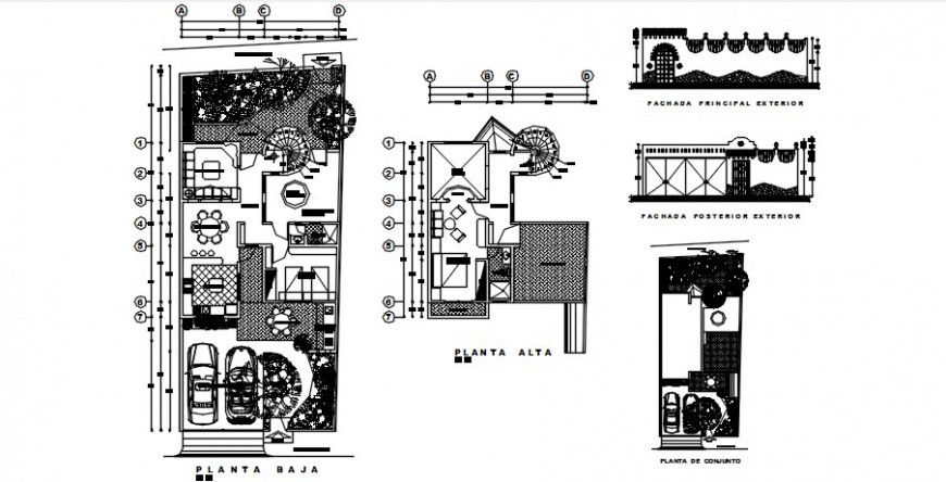 One family house distribution plan and gate elevation drawing details dwg file