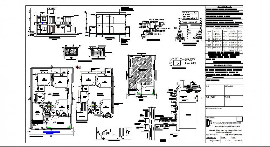 One family house elevation, section, floor plan and constructive structure details dwg file