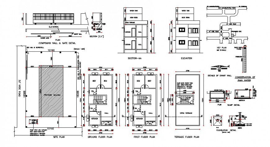 One family house elevation, section, site plan, floor plan and auto-cad details dwg file