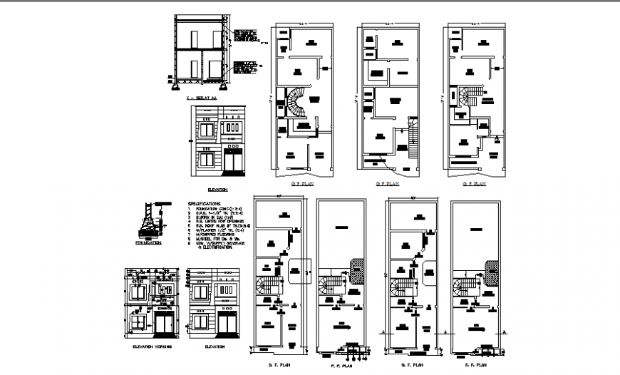 One family house elevation, section and first and ground floor plan details dwg file