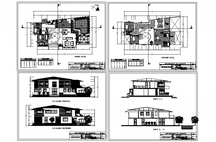 One family house elevation, section with first and second floor plan details dwg file