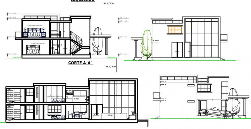 One family house elevation and section drawing details dwg file