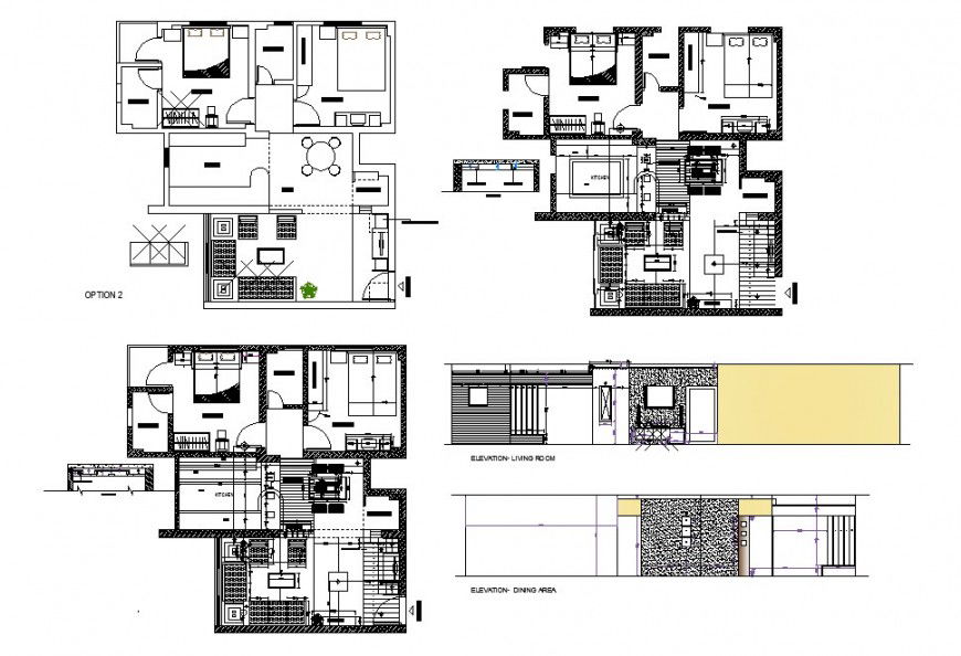 One family house floor plan with furniture and living room + dining area elevation details dwg file