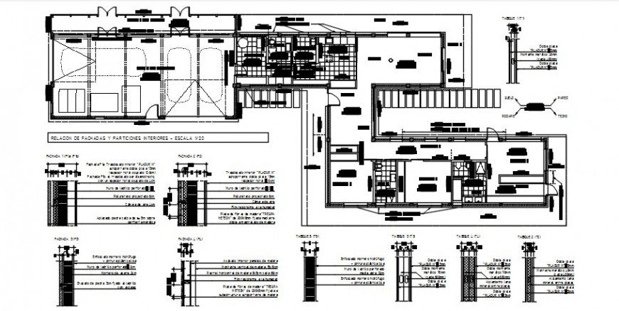 One family house floors distribution plan and wall construction details dwg file
