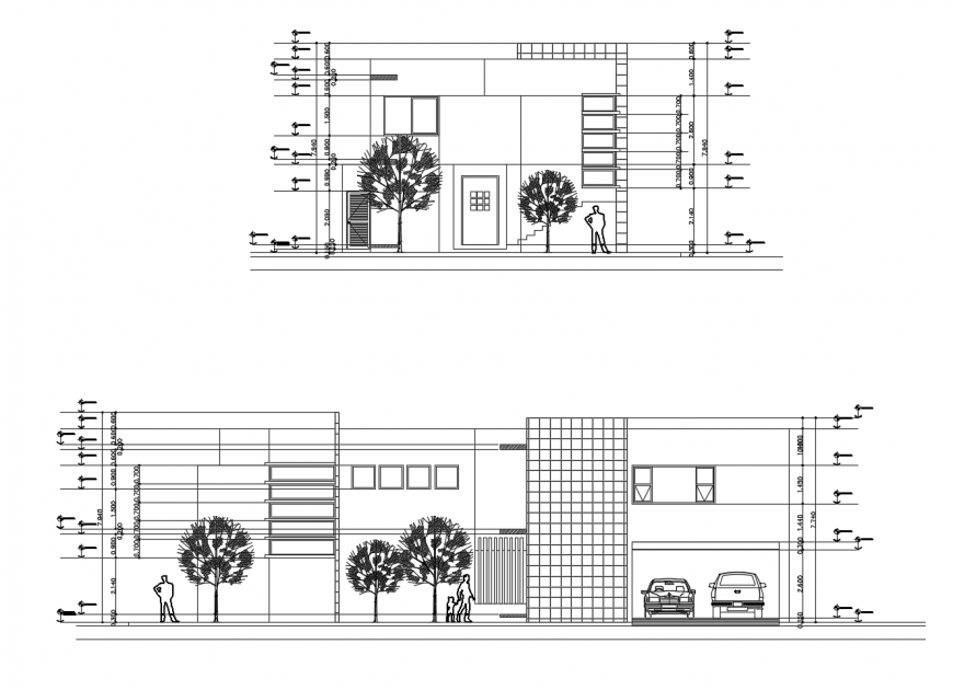 One family house front and back section cad drawing details dwg file
