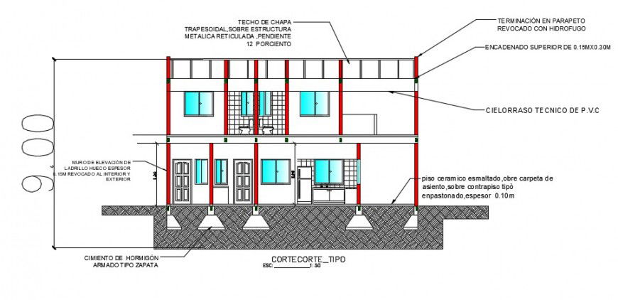 One family house front constructive section drawing details dwg file