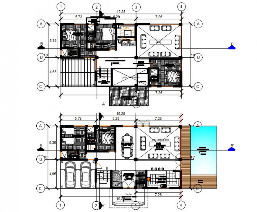 One family house ground and first floor plan with furniture drawing details dwg file