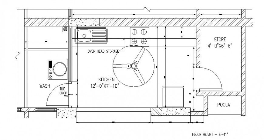 One family house kitchen architecture layout plan details dwg file