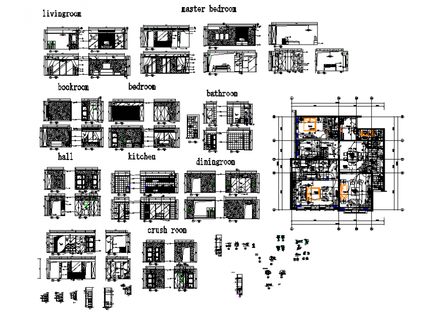 One family house layout plan details with bedroom, hall, kitchen etc interior details dwg file
