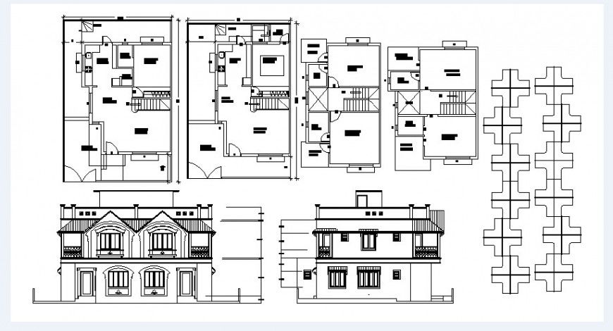 One family house main and back elevation and floor plan cad drawing details dwg file
