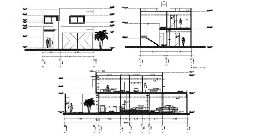 One family house main elevation and front and back section drawing detail dwg file