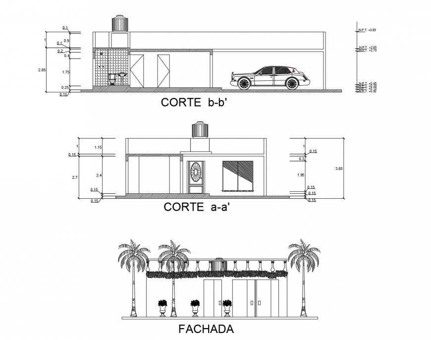 One family house main elevation and front and back section drawing details dwg file