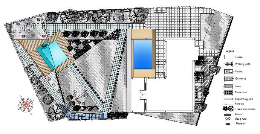 One family house plan and landscaping structure details dwg file