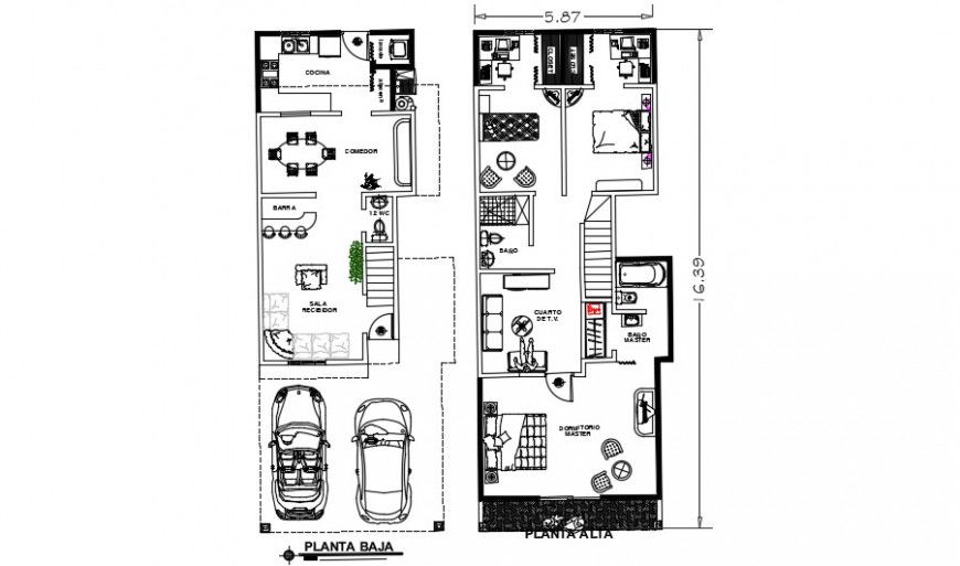 One family house two floor distribution plan with furniture drawing details dwg file