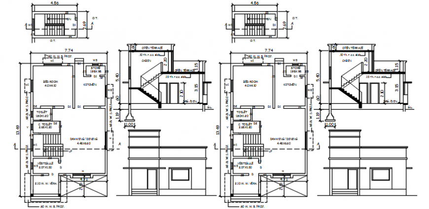 One family house unit elevation, section and floor plan details dwg file