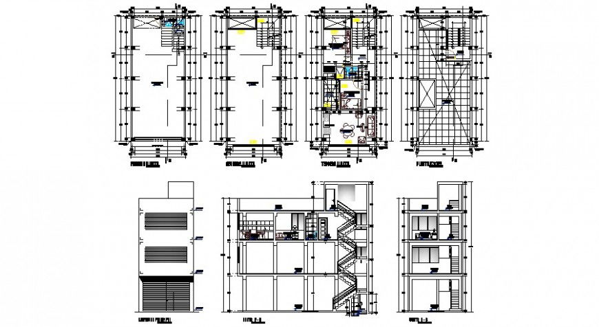 One family housing building elevation, section and floor plan drawing details dwg file