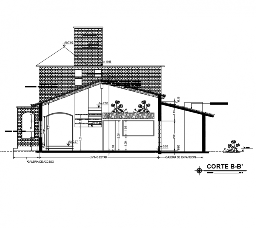 One family single story house front sectional view dwg file