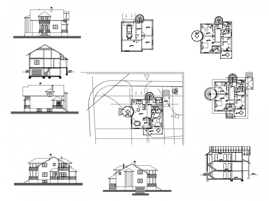 One family three level house elevation, section and floor plan cad drawing details dwg file