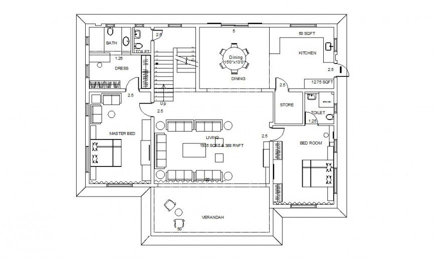 One family two bedroom house architecture layout plan cad drawing details dwg file
