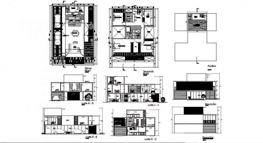 One family urban house elevation, section and floor plan details dwg file