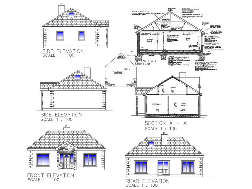 One level house all sided elevation and section auto-cad drawing details dwg file