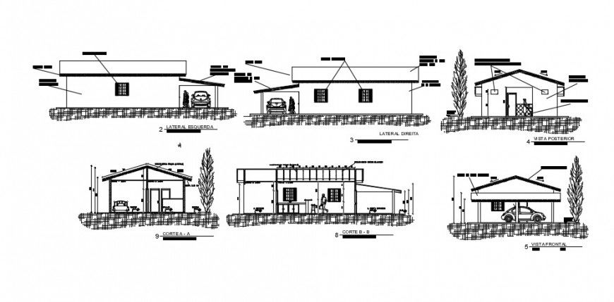 One level house all sided elevation and section drawing details dwg file